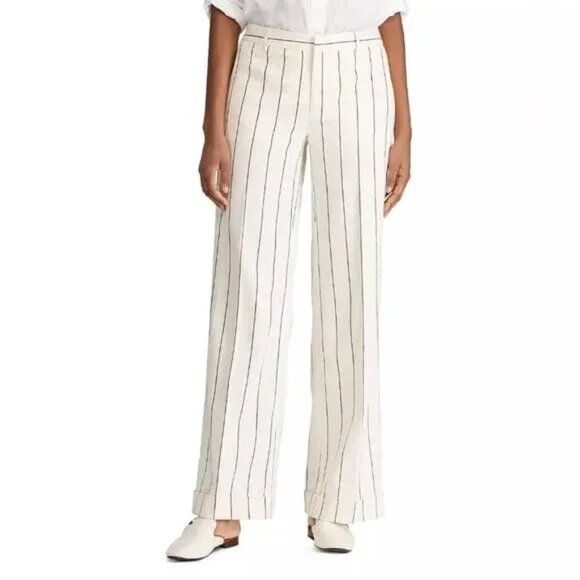 Lauren Ralph Lauren Striped Wide-Leg Linen Blend Pants Winter Cream Size 12 New - Picture 1 of 13